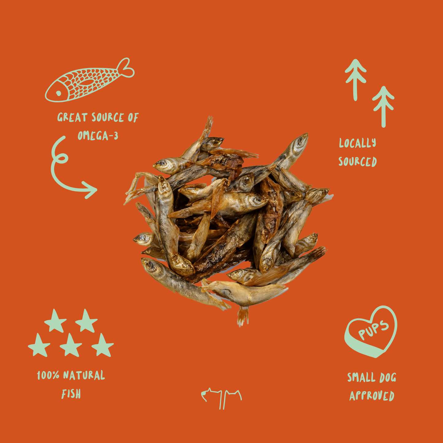 Whole dried forage fish treats for dogs and cats, rich in omega-3 fatty acids and protein