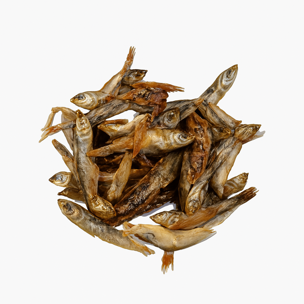 Whole dried forage fish treats for dogs and cats, rich in omega-3 fatty acids and protein