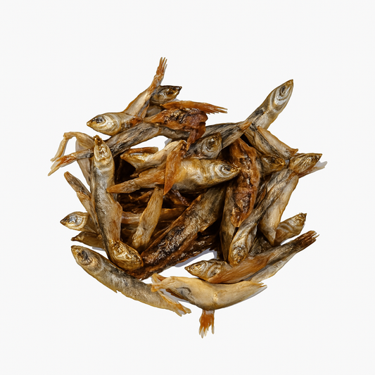 Whole dried forage fish treats for dogs and cats, rich in omega-3 fatty acids and protein